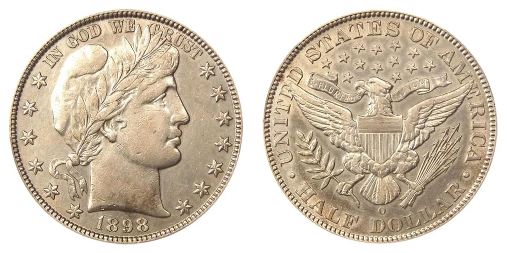 Side-by-side comparison: 1898 Philadelphia Barber Half Dollar reverse (left) vs 1898-O New Orleans reverse showing O mint mark (right)