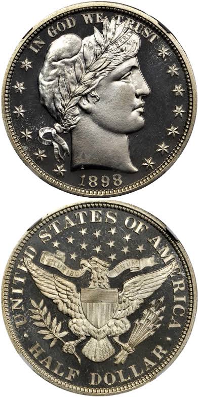 1898 Proof Barber Half Dollar showing deeply mirrored fields, frosted portrait, and sharp wire rim characteristic of proof coinage