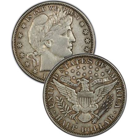 Group photograph of 1898 Barber Half Dollars from Philadelphia, New Orleans (O), and San Francisco (S) mints showing all three reverse mint marks