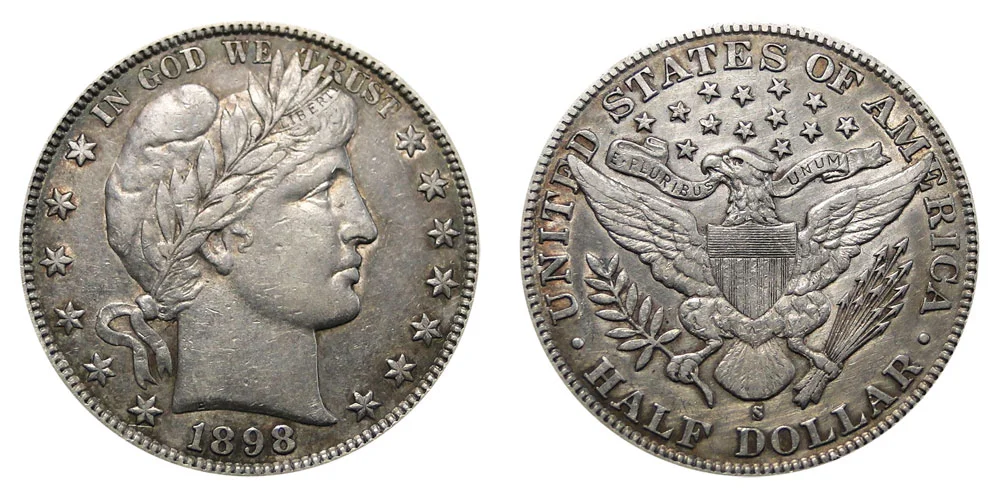 1898 Barber Half Dollar grading strip showing four specimens from Good (worn) through Gem Uncirculated illustrating condition differences